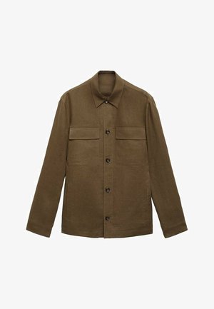 Smeđi sako na gumb izrađen od teksturirane tkanine, s dvije džepne krpice na prsima, ravnim ovratnikom i jednostavnim zatvaranjem na gumbe sprijeda.