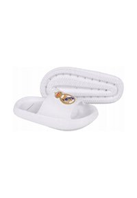 Białe klapki z teksturowanym paskiem z logo sportowym i wzorzystą podeszwą dla lepszej przyczepności. Gładki materiał na całej powierzchni.