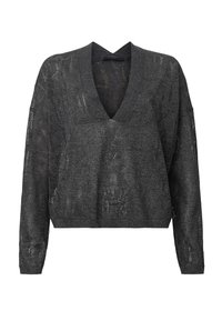 Schwarzer, locker gestrickter Pullover mit tiefem V-Ausschnitt, langen Ärmeln und strukturierten Details. Weiches, leichtes Material.