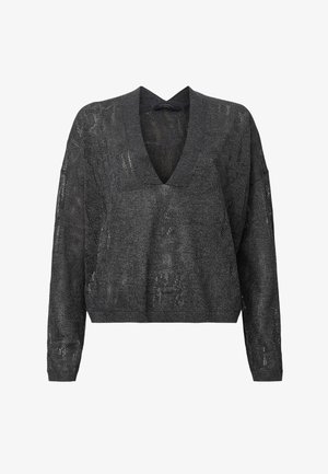 Pull noir en tricot lâche avec un décolleté en V profond, des manches longues et des détails texturés sur toute la surface. Matière douce et légère.