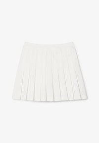 Una falda blanca con pliegues hecha de una tela suave, con una cintura y un pequeño bolsillo trasero. Los pliegues están espaciados de manera uniforme y son nítidos.