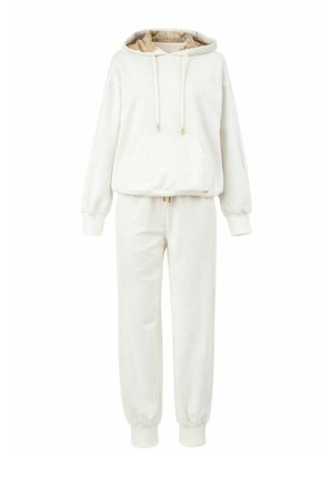 Felpa bianca con cappuccio e tasca frontale e pantaloni della tuta abbinati, entrambi con polsini a coste e dettagli con coulisse.