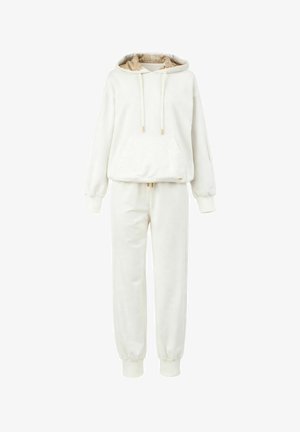 Felpa bianca con cappuccio e tasca frontale e pantaloni della tuta abbinati, entrambi con polsini a coste e dettagli con coulisse.