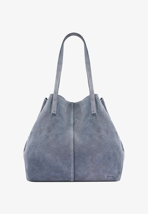 Szara torba typu tote zamszowa z dwoma długimi paskami, miękka w dotyku, z subtelnym logo w prawym dolnym rogu.
