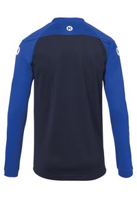 Langärmliges Shirt mit einem navyfarbenen Körper und blauen Ärmeln. Verfügt über einen runden Kragen sowie ein Logo auf dem Rücken und den Ärmeln. Gleiche Textur und sportlicher Schnitt.