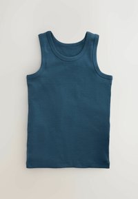 Débardeur bleu foncé en coton sans manches posé à plat sur une surface claire.