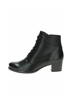 Black leather ankle boot with a rounded toe, lace-up front, and a low block heel. Smooth texture with subtle stitching details.