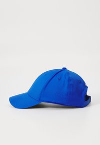 Casquette de baseball bleue en tissu, dotée d'une visière courbée, de détails en couture, d'œillets pour la ventilation et d'une sangle ajustable à l'arrière.