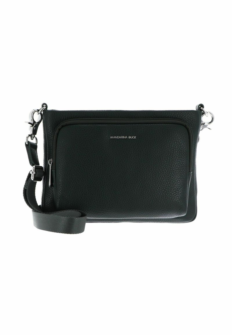 Sac bandoulière en cuir texturé noir avec poche zippée frontale et bandoulière réglable, étiqueté Mandarina Duck.