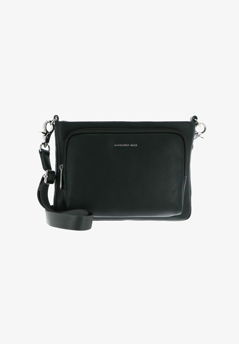 Sac bandoulière en cuir texturé noir avec poche zippée frontale et bandoulière réglable, étiqueté Mandarina Duck.