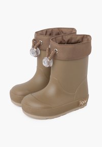 Bottes en caoutchouc marron au design effilé, avec un bord en tissu beige et un cordon de serrage réglable. Marque "igor" sur le côté.