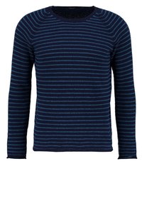 Pull à col ras du cou à manches longues bleu marine, avec des rayures horizontales dans différentes nuances de bleu, en tissu tricoté texturé et avec des poignets côtelés.