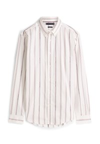 Λευκό πουκάμισο με κόκκινες και μπλε κάθετες ρίγες, μακριά μανίκια και κανονικό γιακά. Διαθέτει στρογγυλεμένη άκρη και κλασικά κουμπιά.