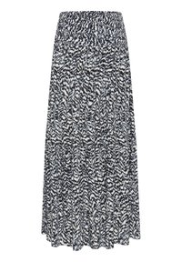Jupe midi à volants avec une taille smockée, présentant un motif abstrait noir et blanc et un tissu léger et fluide.