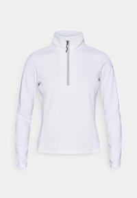 Pullover branco de mangas compridas com colarinho com fecho, apresentando um padrão de textura subtil e um design ajustado. Tecido suave, estilo minimalista.