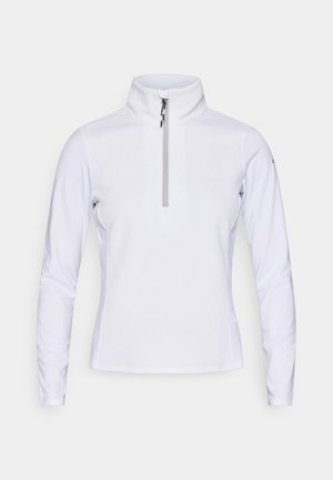 Suéter blanco de manga larga con cuello con cremallera, que presenta un suave patrón de textura y un diseño ajustado. Tejido suave, estilo minimalista.