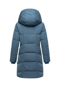 Padded, mid-thigh length coat in dark teal. Features a hood, quilted design, and ribbed cuffs. Smooth texture and no visible fastenings.