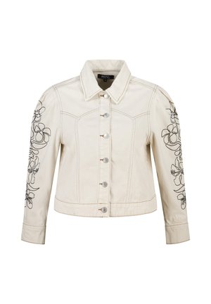 Veste courte en denim crème avec boutons argentés, broderie florale noire sur les manches, et coutures détaillées sur le devant et les épaules.