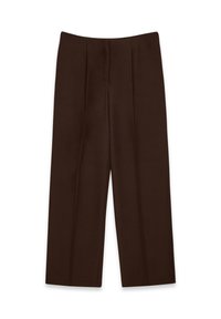 Pantaloni larghi marroni con una texture liscia, caratterizzati da pieghe frontali e una vita a media altezza, che mettono in evidenza un design semplice e curato.