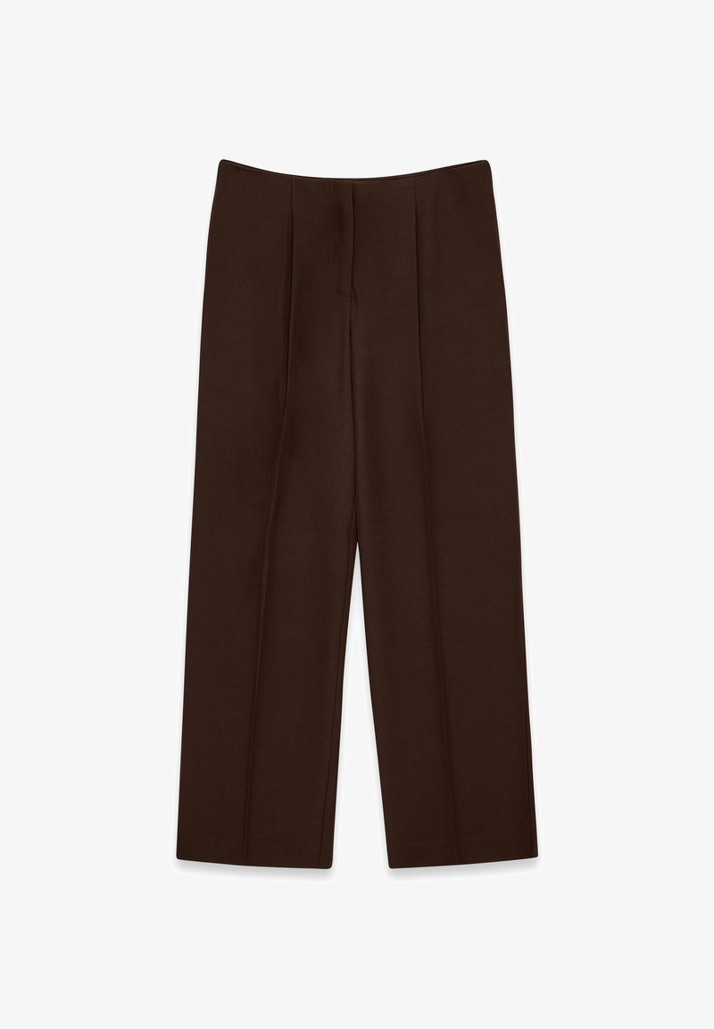 Pantaloni larghi marroni con una texture liscia, caratterizzati da pieghe frontali e una vita a media altezza, che mettono in evidenza un design semplice e curato.