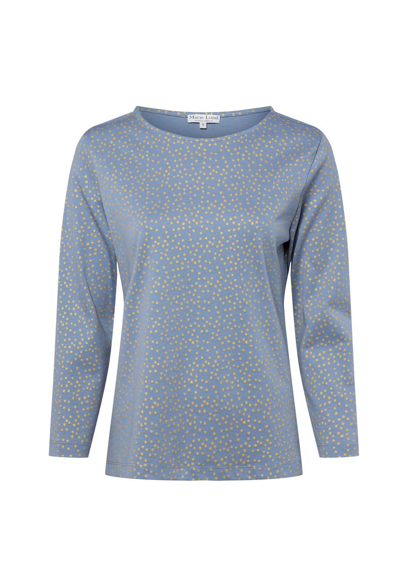 Hellblaues langärmliges Oberteil mit Rundhalsausschnitt und einem verstreuten goldenen Punktmuster auf dem Stoff. Weiche, glatte Textur.