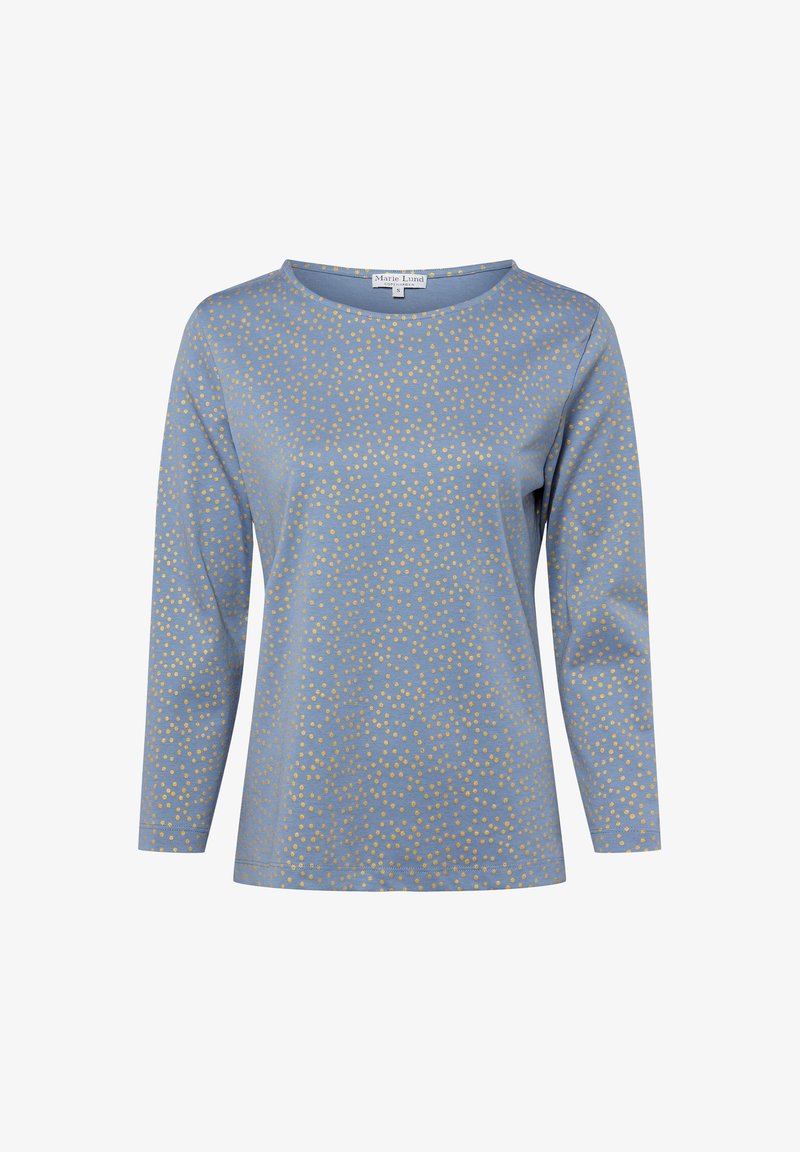 Hellblaues langärmliges Oberteil mit Rundhalsausschnitt und einem verstreuten goldenen Punktmuster auf dem Stoff. Weiche, glatte Textur.