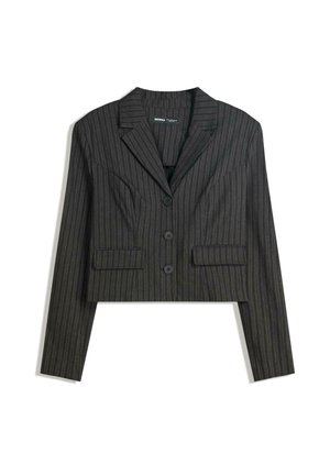 Cropped blazer in dark gray with thin vertical stripes, featuring a notched collar, button closure, and two front pockets.