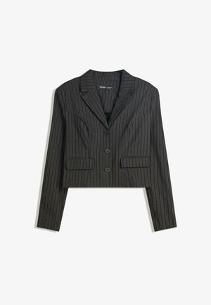 Cropped blazer in dark gray with thin vertical stripes, featuring a notched collar, button closure, and two front pockets.