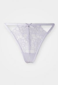 Light purple lace thong with floral patterns, thin waistband, and small bow with a jewel detail at the front center.