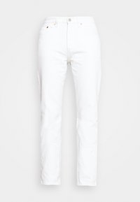 Jeans de algodón blancos con corte recto, que cuentan con un cierre de botones, cinco bolsillos y sutiles detalles de costura. Textura suave y diseño clásico.