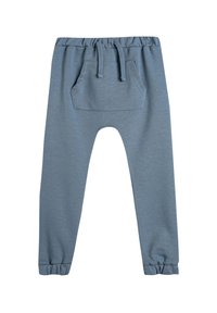 Blå, bomullsmjukisbyxor med elastisk midja, dragsko och bakficka. Muddade anklever med en slät och mjuk textur.