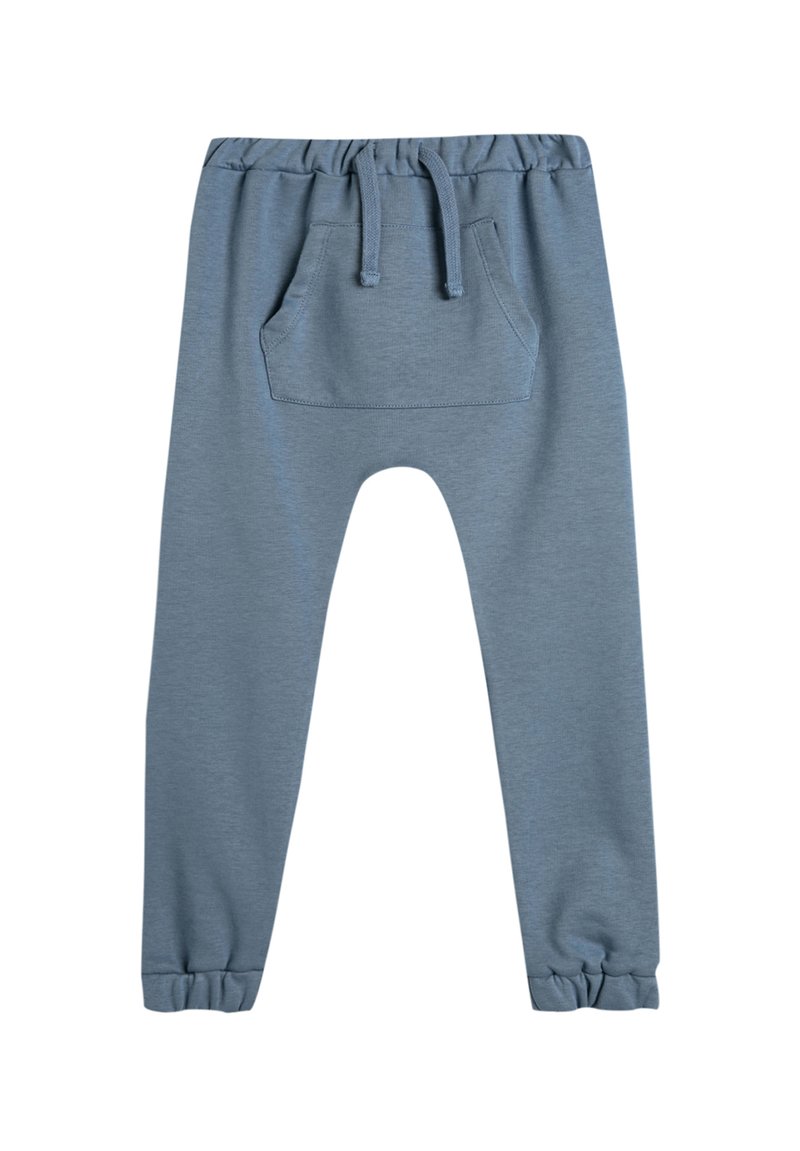Blå, bomullsmjukisbyxor med elastisk midja, dragsko och bakficka. Muddade anklever med en slät och mjuk textur.