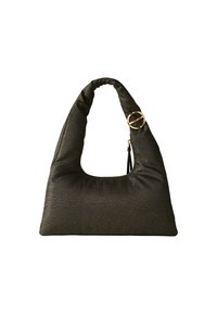 Dark textured shoulder bag with padded handle and gold round buckle detail against white background.