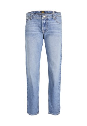 Jean bleu clair droit avec bouton et braguette à fermeture éclair, poches avant et arrière, et étiquette de marque sur la ceinture.