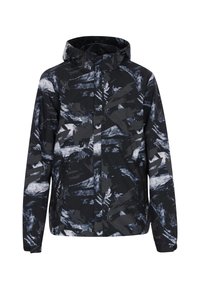 Veste résistante aux intempéries avec capuche, présentant une base noire et des motifs abstraits blancs et bleus, fabriquée en matériau léger et durable.