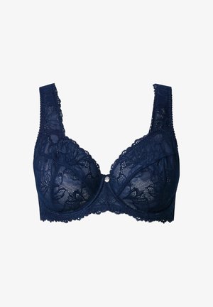 Navy lace underwire bra featuring floral patterns, scalloped edges, and a decorative silver accent at the center. Adjustable straps included.