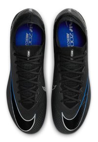 Black athletic shoes with a textured design, featuring a blue accent stripe, black laces, and a white Nike swoosh logo on the sides.
