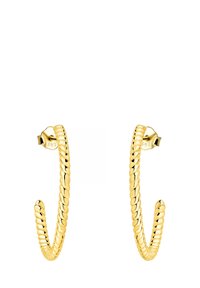 Guldtonade hoopörhängen med en tvinnad design, rund form och slät yta, med en säker post-back stängning.