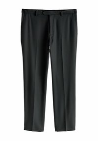 Mustad püksid, mida iseloomustab sile kangas, nööbkinnitus, küljetaskud ja lõigatud sobivus sirge säärega.