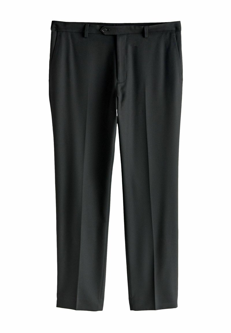 Mustad püksid, mida iseloomustab sile kangas, nööbkinnitus, küljetaskud ja lõigatud sobivus sirge säärega.