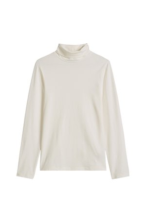 Kremowa bluzka z długim rękawem i golfem, wykonana z miękkiego materiału. Posiada złożony kołnierz, dopasowany krój oraz prostą, nieskazitelną sylwetkę.