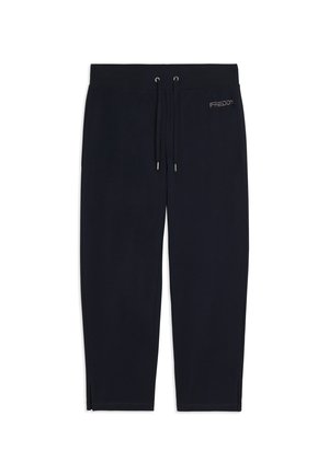 Pantaloni casual neri con vita con coulisse, leggere aperture alla caviglia e piccolo logo del marchio in alto a destra.
