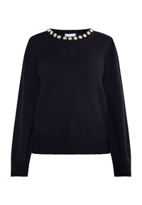 Maglione blu navy con maniche lunghe e scollatura tonda, caratterizzato da dettagli floreali in perline attorno al colletto. Tessuto morbido, orlo a coste.