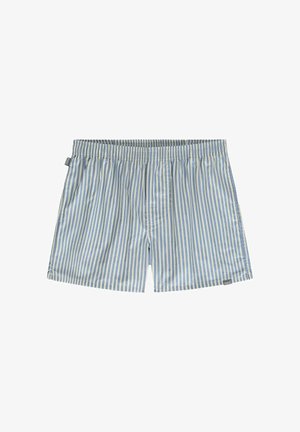 Shorts de bain rayés en bleu clair et beige. Tissu doux, taille élastique et poche latérale. Design simple avec une étiquette de marque discrète.
