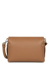 Borsa a tracolla in finta pelle marrone con forma rettangolare strutturata, dettagli in metallo argentato e una tracolla rimovibile. Texture liscia.