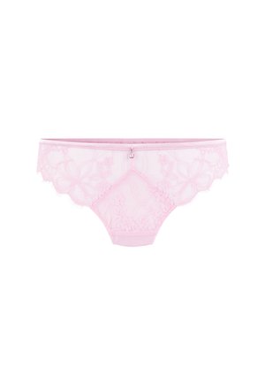 Roze kanten slipje met bloemmotief, doorschijnende delen, verstelbare tailleband en een klein decoratief accent aan de voorkant in het midden.
