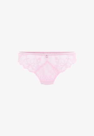 Roze kanten slipje met bloemmotief, doorschijnende delen, verstelbare tailleband en een klein decoratief accent aan de voorkant in het midden.