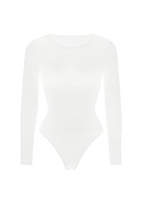 Langsleeve witte bodysuit gemaakt van glad, rekbaar materiaal met een ronde hals en een aansluitende silhouette.