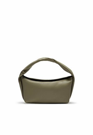 Olive green soft leather handbag with a rounded, padded handle and a rectangular base on a white background.