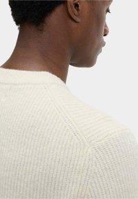 Cremfarbener Pullover mit strukturiertem Design, Rundhalsausschnitt und Raglanärmeln, von hinten gezeigt.